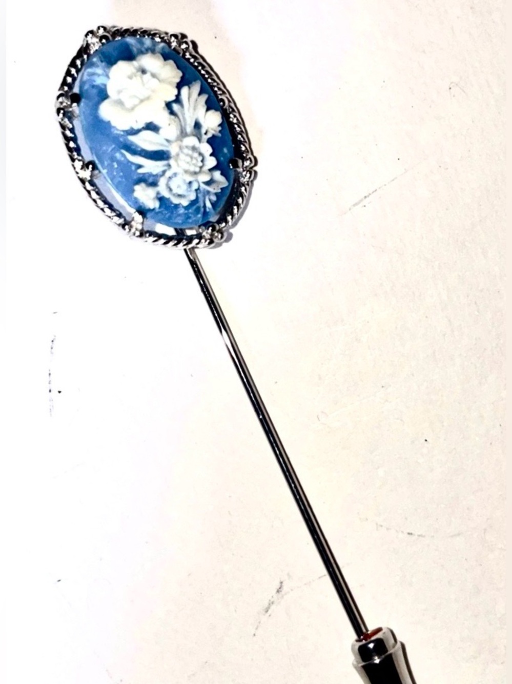 Rare Vintage Floral Wedgwood Jasperware Blue Flower Cameo Silver Stickpin Brooch